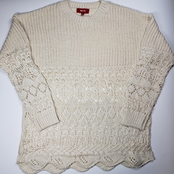 Net 153 open weave scallop hem cream sweater size L/XL - Picture 1 of 7
